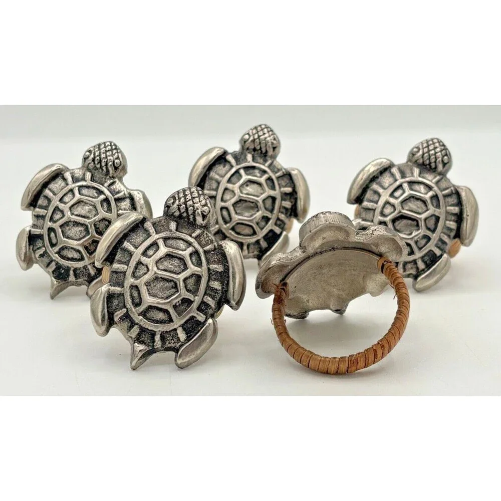 DII Design Imports Beach Sea Turtle Napkin Holder Rings Cast Brass Metal 5-Piece